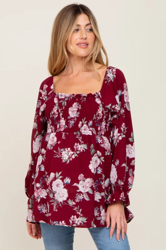 Burgundy Floral Smocked Long Sleeve Maternity Blouse sold by Pinkblush