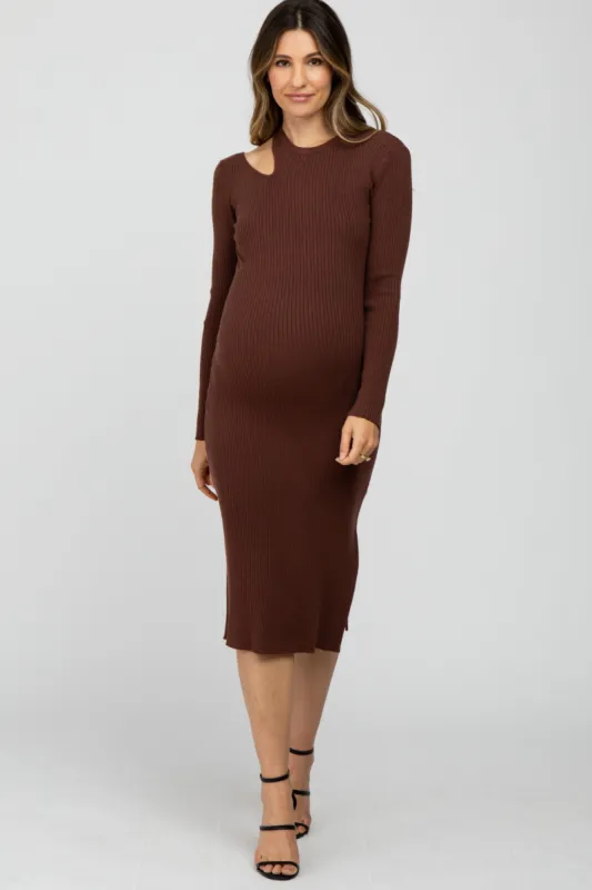 Brown Ribbed Cutout Maternity Fitted Dress sold by Pinkblush