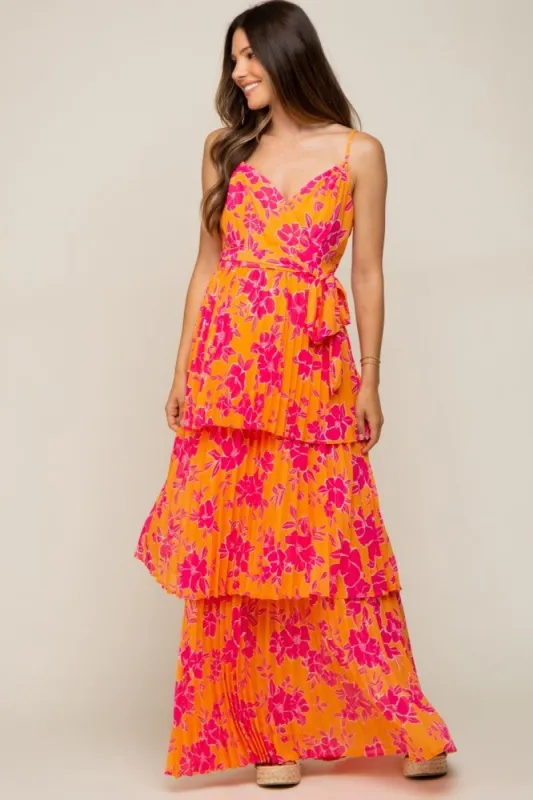 Orange Floral Pleated Tiered Maternity Maxi Dress sold by Pinkblush
