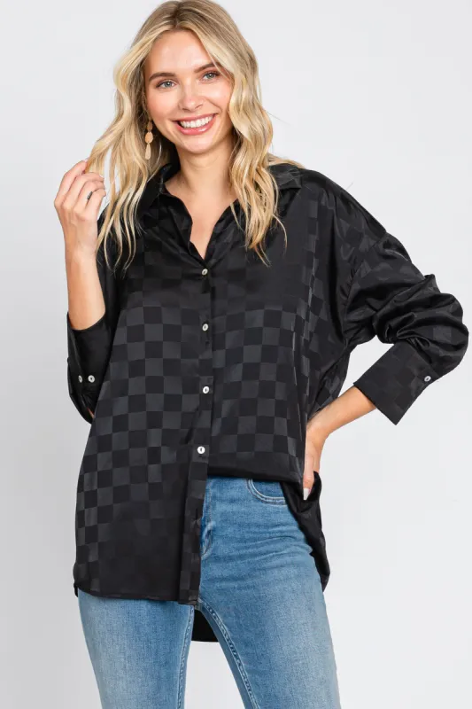 Black Checkered Satin Button Up Top sold by Pinkblush