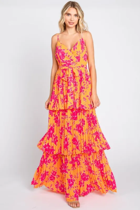Orange Floral Pleated Tiered Maxi Dress sold by Pinkblush