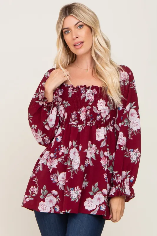 Burgundy Floral Smocked Long Sleeve Blouse sold by Pinkblush