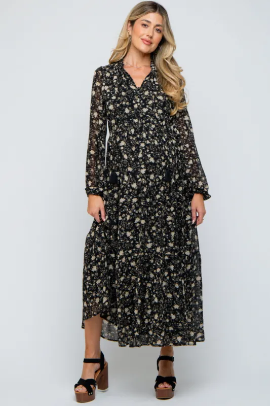 Black Floral Chiffon Front Tie Tiered Maternity Maxi Dress sold by Pinkblush