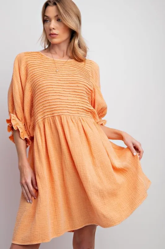Tangerine Pintuck Mineral Washed Cotton Gauze Mini Dress sold by Pinkblush