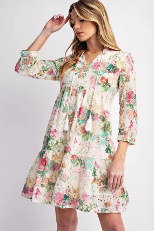 Cream Floral Print Eyelet Tiered Mini Dress sold by Pinkblush