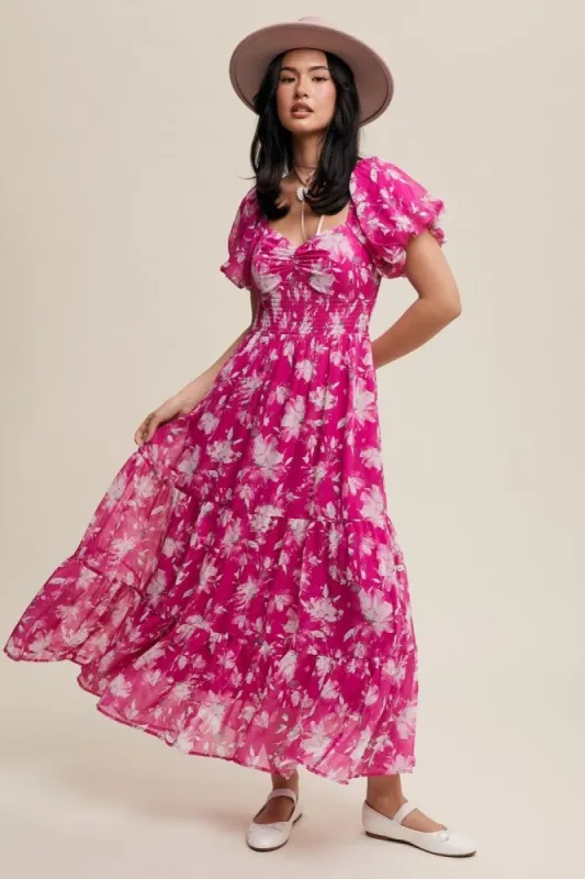 Fuchsia Flower Print Ruched Sweetheart Maxi Dress sold by Pinkblush