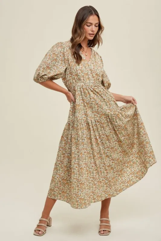 Camel Floral Puff Sleeve Midi Dress sold by Pinkblush