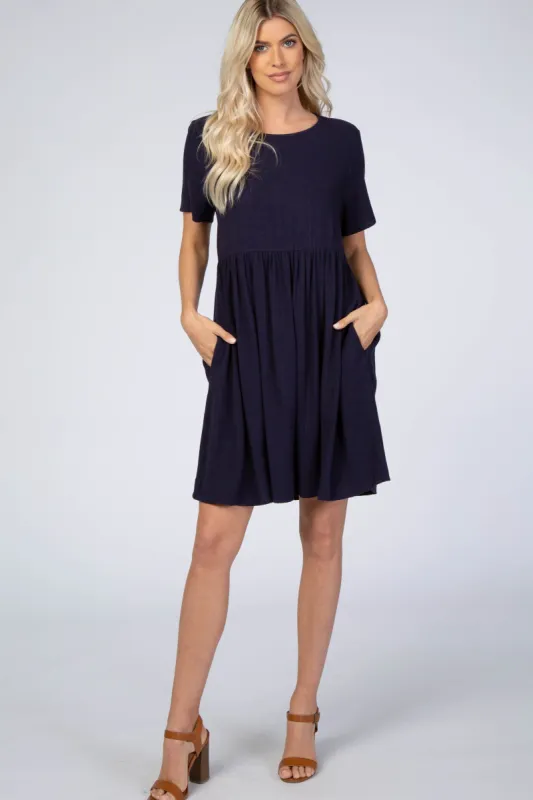 Navy Blue Linen Babydoll Dress made by Pinkblush