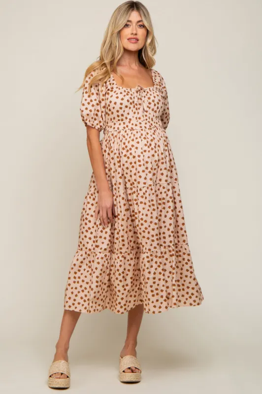 Taupe Floral Puff Sleeve Tiered Maternity Midi Dress sold by Pinkblush