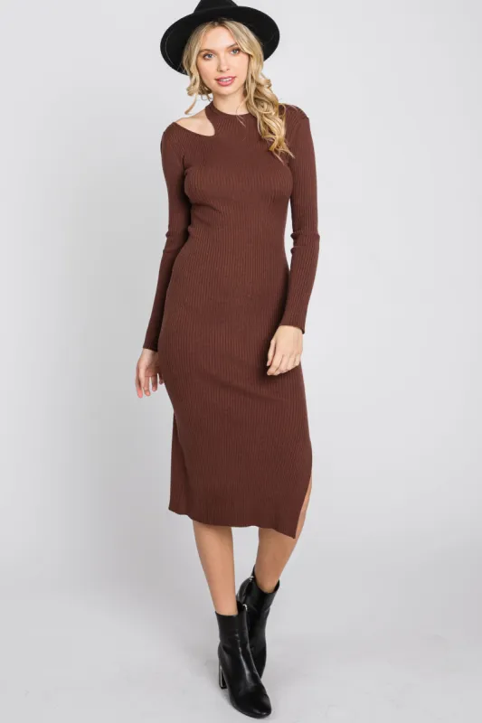 Brown Ribbed Cutout Fitted Dress sold by Pinkblush