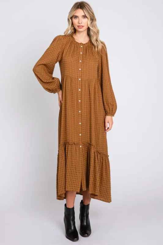 Mocha Gingham Button Midi Dress sold by Pinkblush
