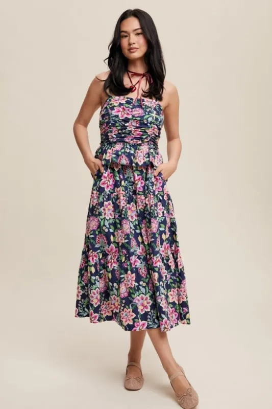 Navy Flower Print Ruched Tiered Maxi Dress sold by Pinkblush