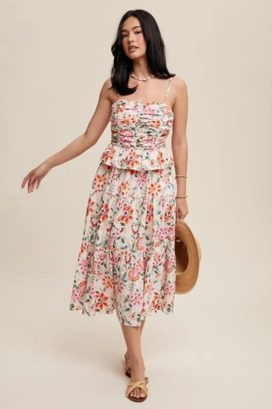 Cream Flower Print Ruched Design Tiered Maxi Dress sold by Pinkblush