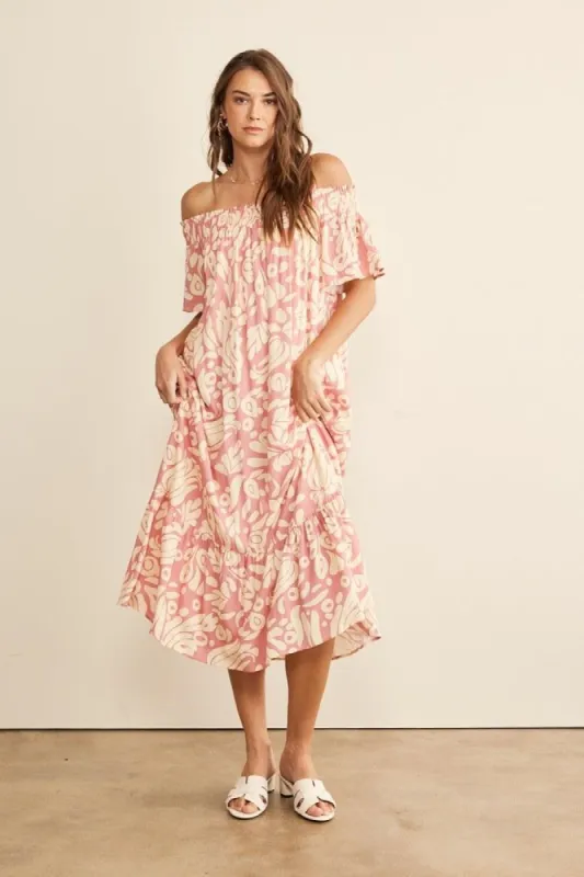 Rose Pink Off Shoulder Print Midi Dress sold by Pinkblush