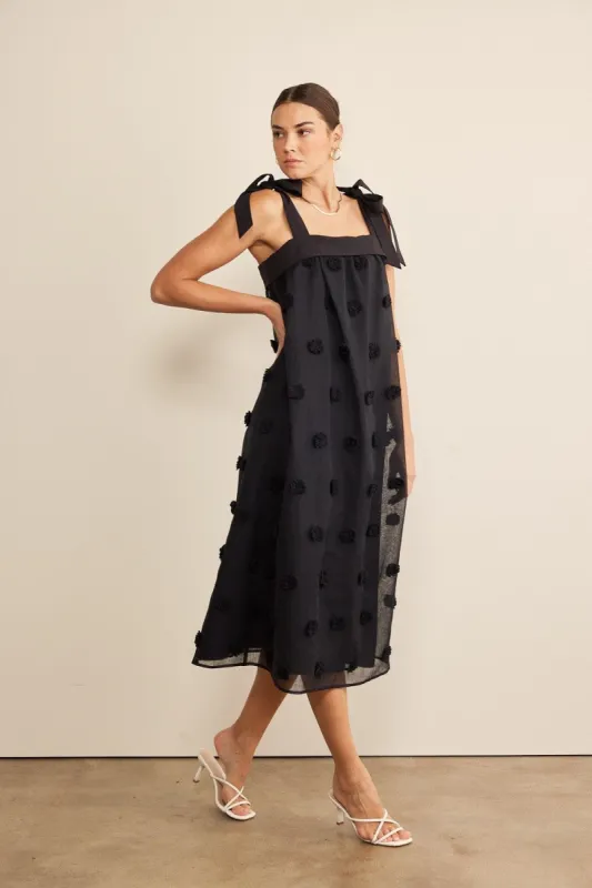 Black Blossom Floral Embroidery Shoulder Tie Dress sold by Pinkblush