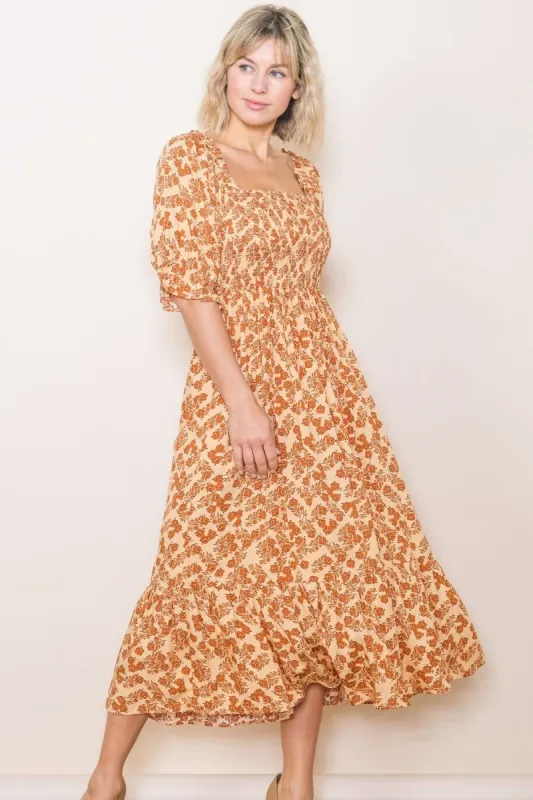 Rust Square Neck Smocked Dress sold by Pinkblush