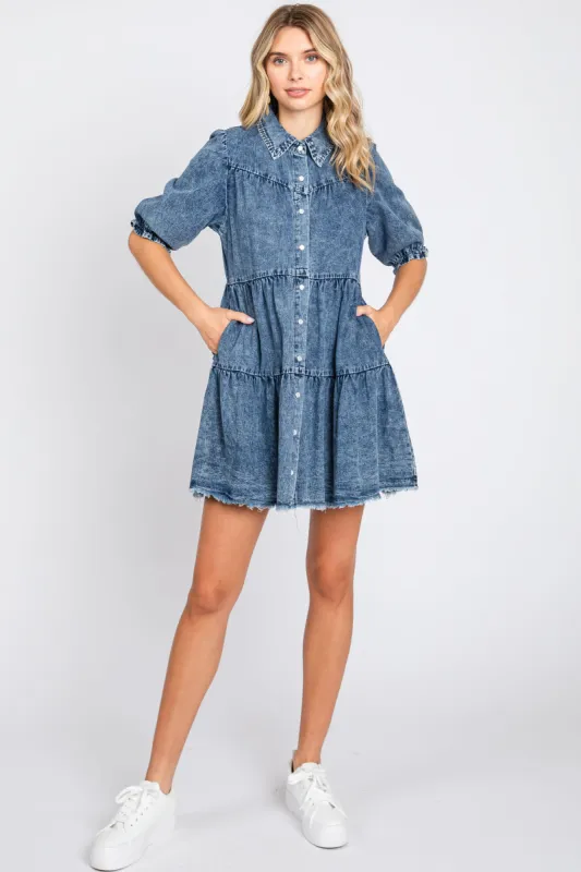 Blue Chambray Tiered Shirt Dress sold by Pinkblush