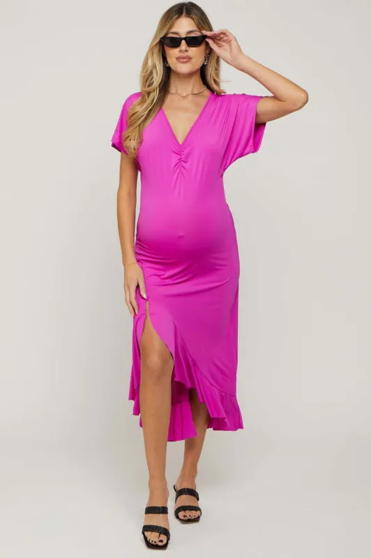 Fuchsia V-Neck Ruffle Hi-Low Maternity Midi Dress sold by Pinkblush