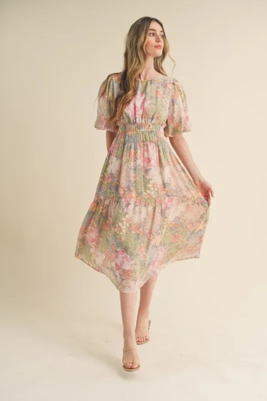 Dusty Sage Floral Bubble Sleeve Floral Print Midi Dress sold by Pinkblush