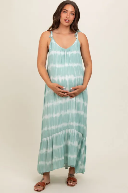 Aqua Tie Dye Tie Strap Maternity Midi Dress sold by Pinkblush