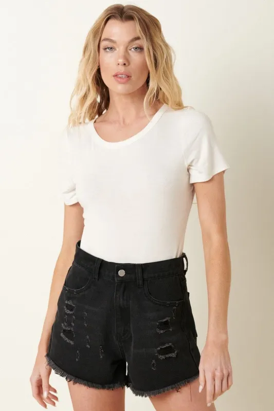 Black Denim Frayed Hem Shorts sold by Pinkblush
