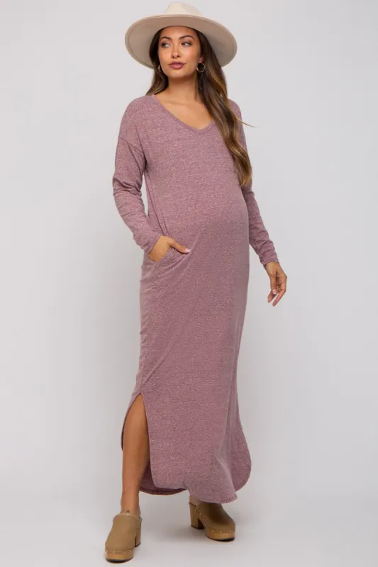 Plum Heathered Pocketed Long Sleeve Maternity Maxi Dress sold by Pinkblush