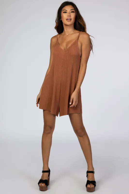 Brown Ribbed V-Neck Romper sold by Pinkblush