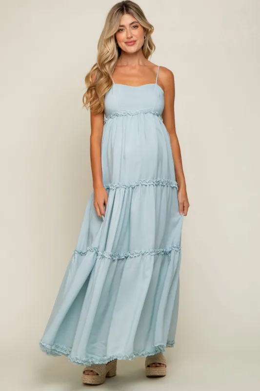 Light Blue Square Neck Ruffle Tiered Maternity Maxi Dress sold by Pinkblush