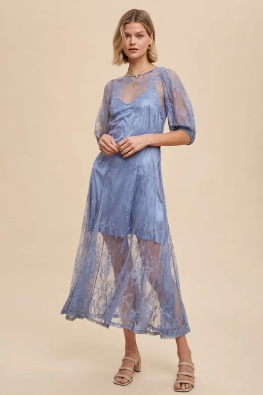Dusty Blue Lace Maxi Dress With Corset Back sold by Pinkblush