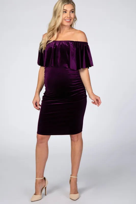 Purple Velvet Off Shoulder Fitted Maternity Dress sold by Pinkblush