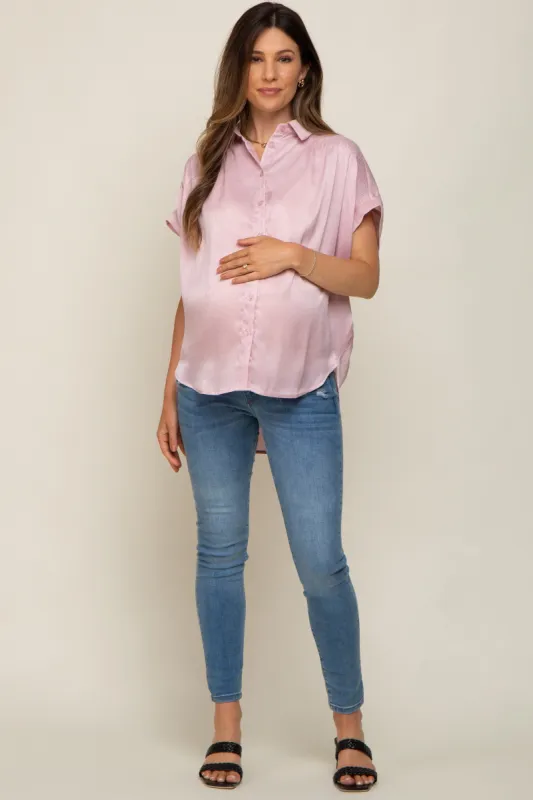 Light Pink Satin Button Down Smocked Accent Maternity Top sold by Pinkblush