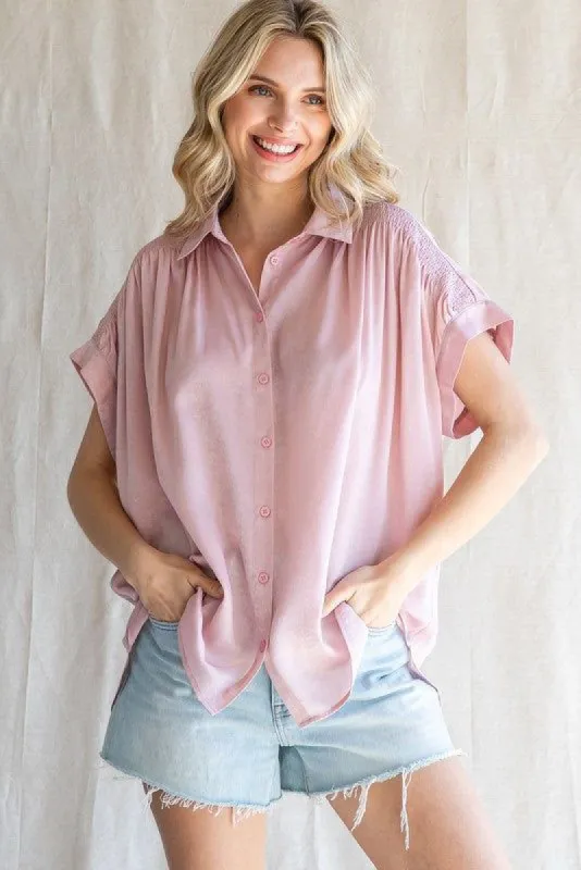 Light Pink Satin Button Down Smocked Accent Top sold by Pinkblush