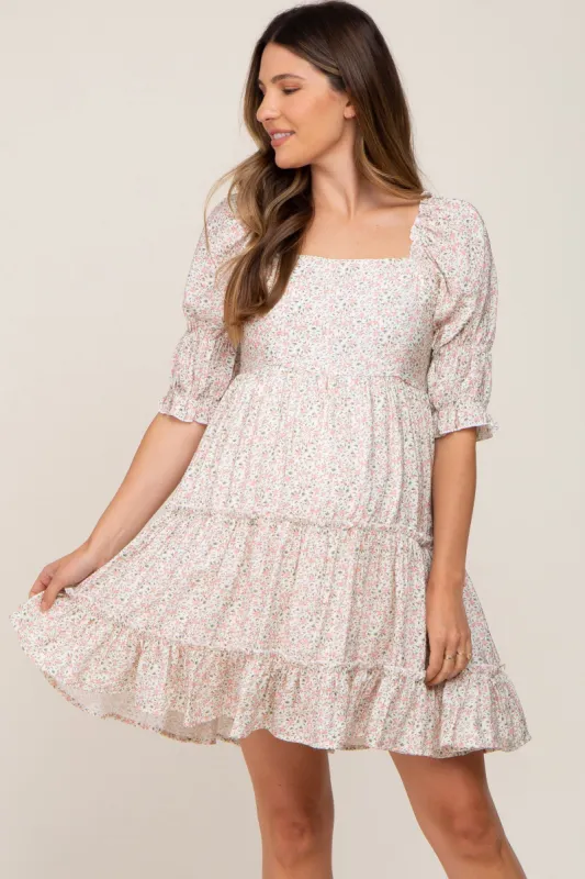 Ivory Floral Square Neck Ruffle Tiered Maternity Dress sold by Pinkblush