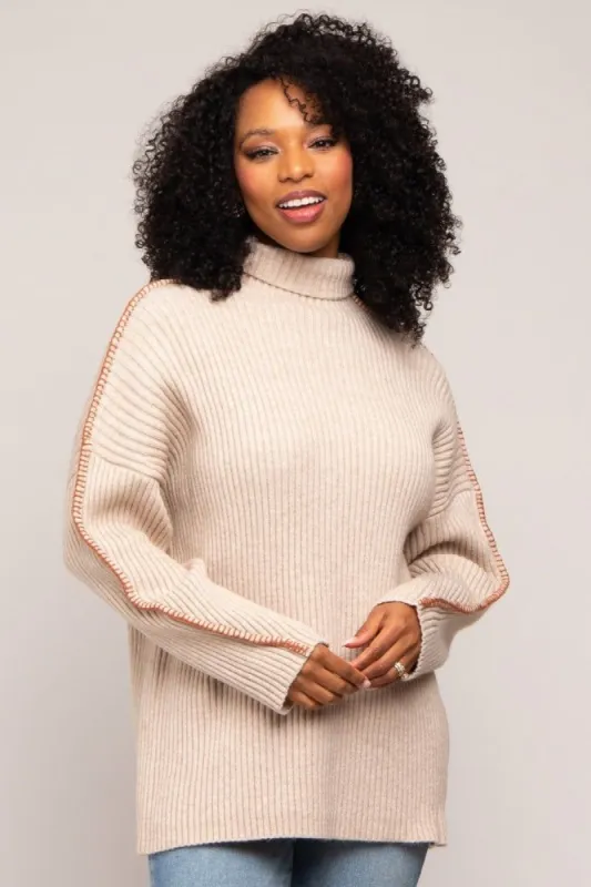 Beige Contrast Stitch Turtleneck Sweater sold by Pinkblush