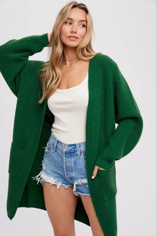 Forest Green Chunky Waffle Knit Cardigan sold by Pinkblush