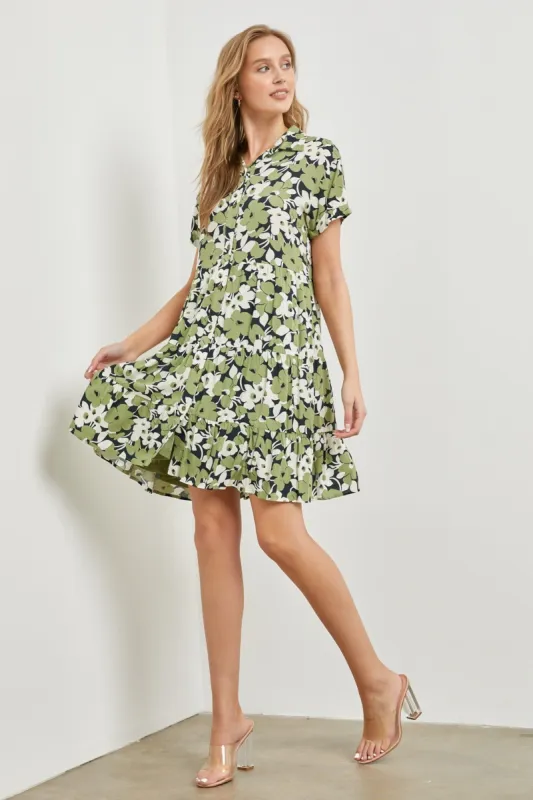 Green Floral Button Front Collared Ruffle Hem Dress sold by Pinkblush
