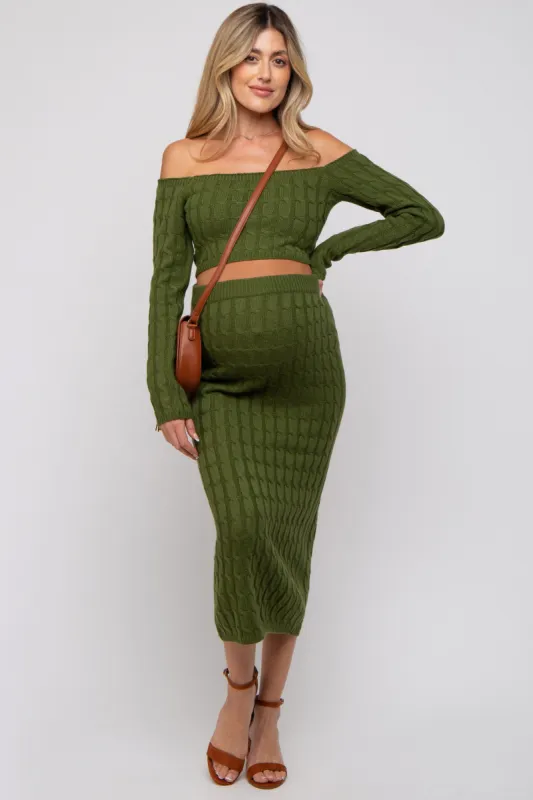 Olive Cable Knit Off Shoulder Maternity Midi Skirt Set sold by Pinkblush