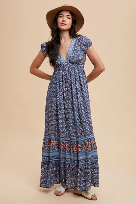Navy Blue Border Print Ruffle Maxi Dress sold by Pinkblush