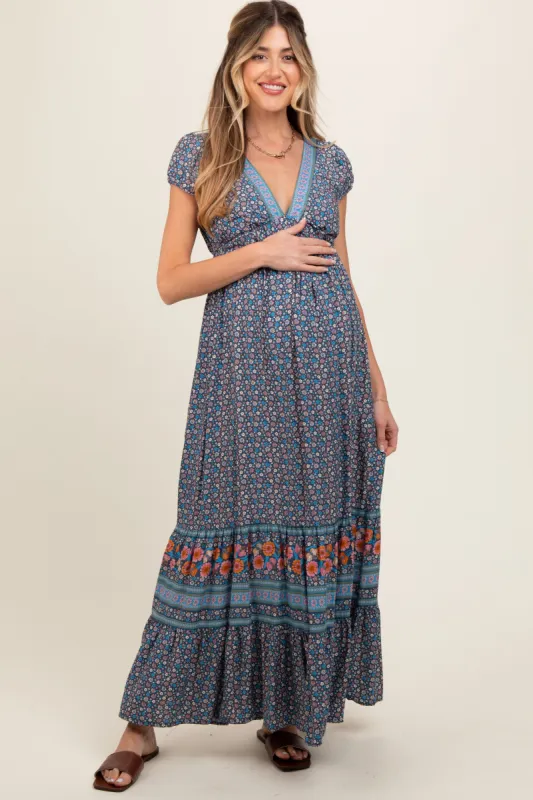 Navy Blue Border Print Ruffle Maternity Maxi Dress sold by Pinkblush