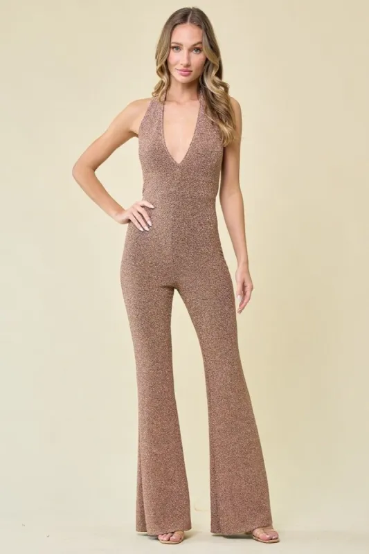 Gold Halter Neck Jumpsuit sold by Pinkblush