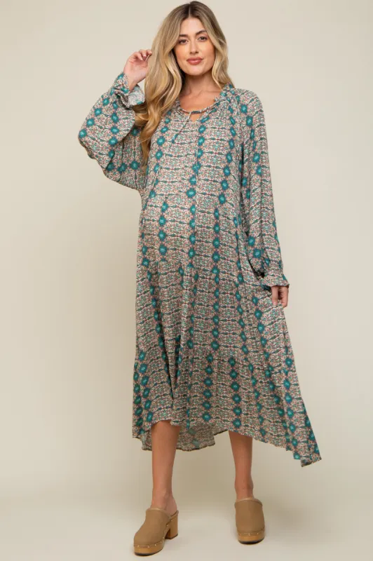 Turquoise Floral Front Tie Tiered Maternity Midi Dress sold by Pinkblush