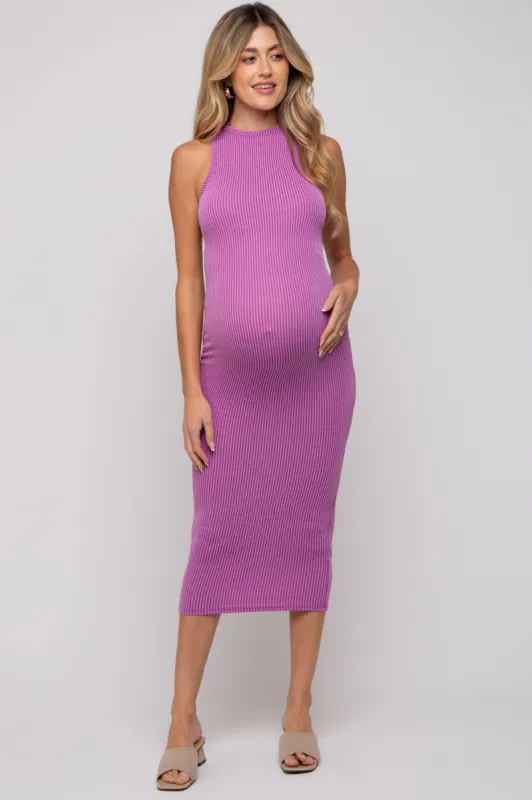 Magenta Ribbed Maternity Fitted Midi Dress sold by Pinkblush