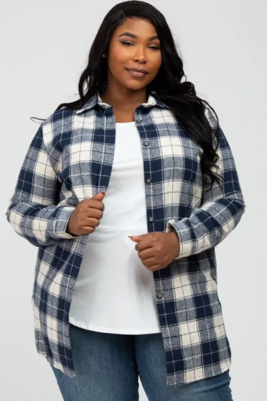 Navy Plaid Plus Shirt Jacket sold by Pinkblush