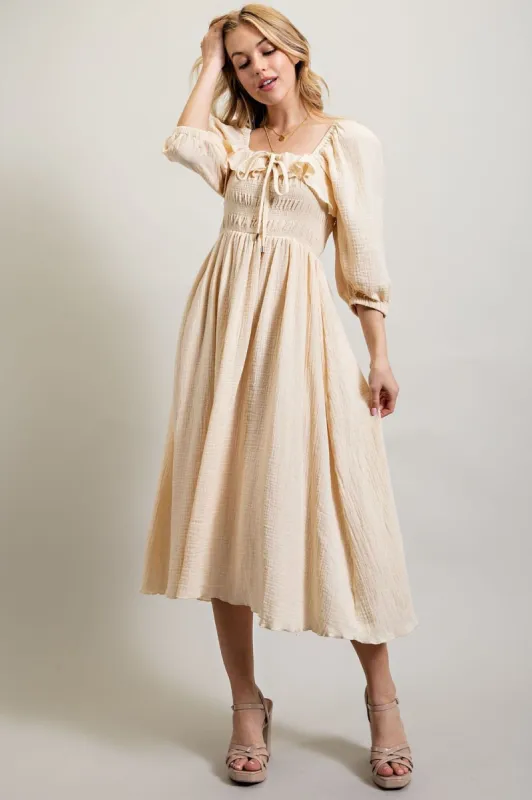 Cream Gauze Smocking  Midi Dress sold by Pinkblush