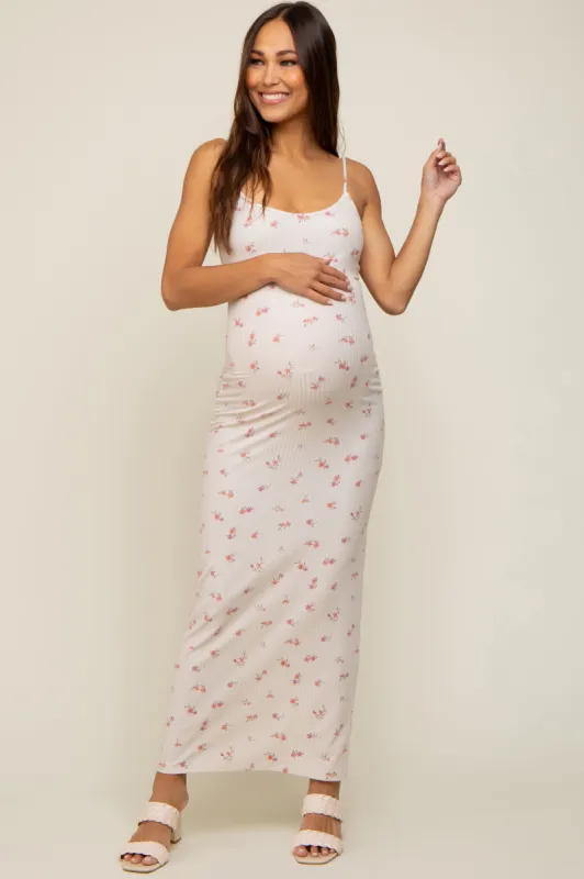 Cream Floral Ribbed Maternity Maxi Dress sold by Pinkblush