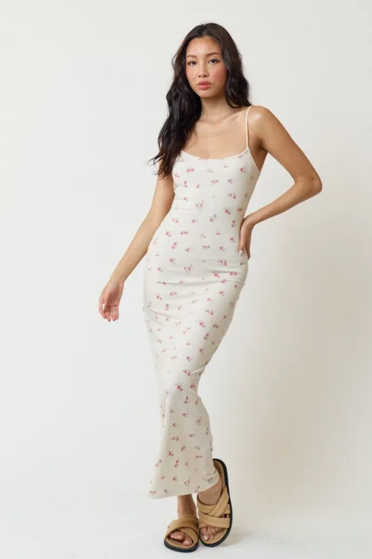 Cream Floral Ribbed Maxi Dress sold by Pinkblush