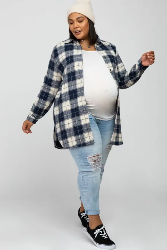 Navy Plaid Maternity Plus Shirt Jacket sold by Pinkblush