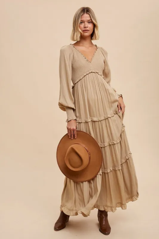 Taupe Smocked Ruffle Tiered Maxi Dress sold by Pinkblush