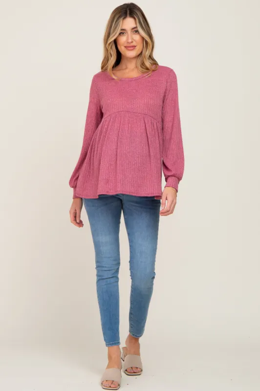 Mauve Knit Ribbed Babydoll Maternity Top sold by Pinkblush
