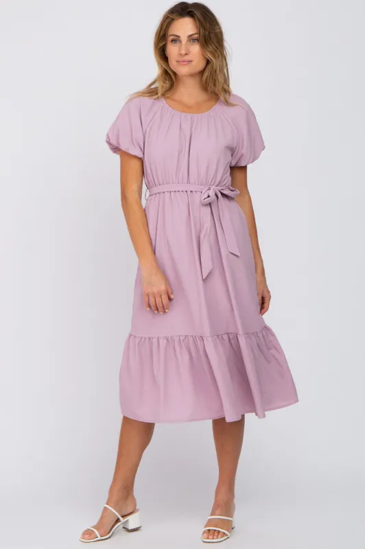 Lavender Waist Tie Short Puff Sleeve Midi Dress sold by Pinkblush